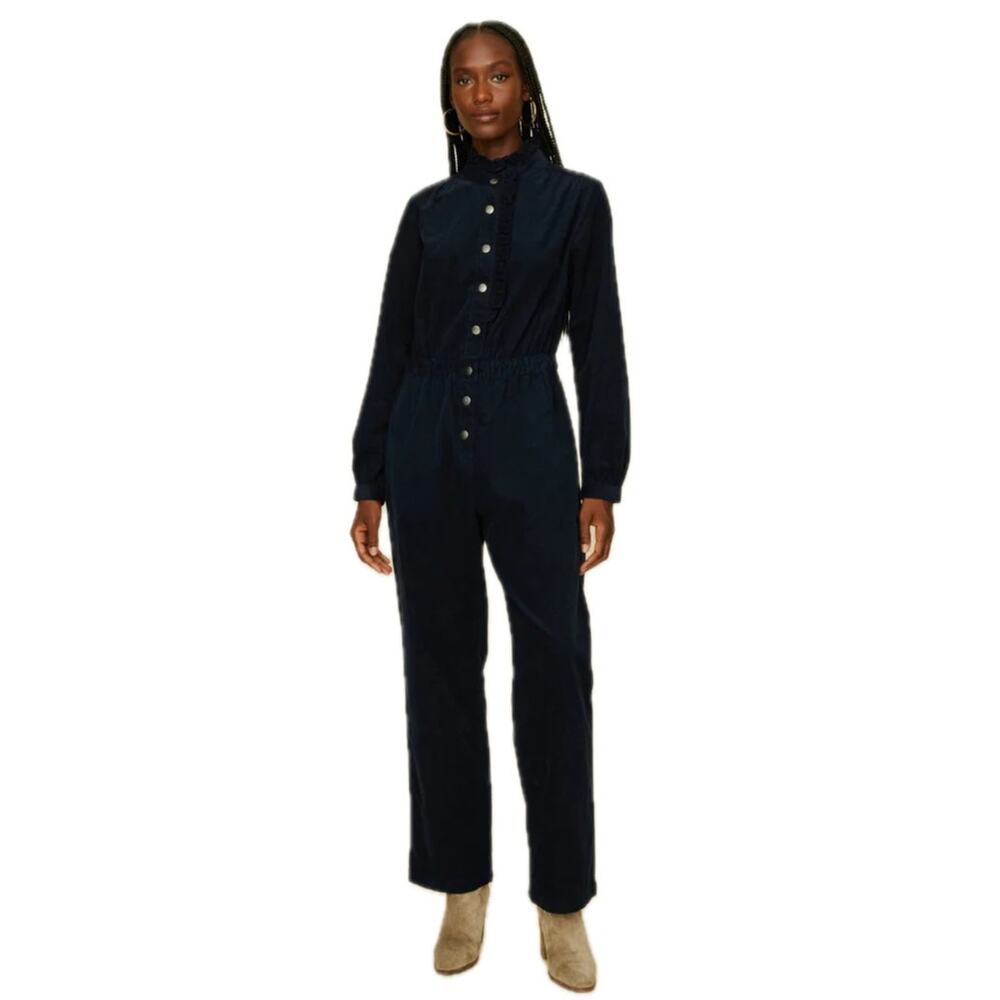 NWT Xirena Harlee Jumpsuit Size Small Navy Blue Corduroy Ruffle High Neck Chic